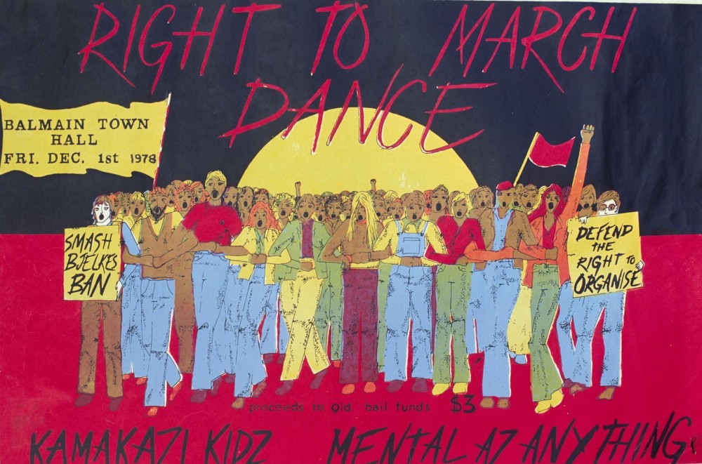 Poster for Right to Dance march poster 1978: group of people arm in arm, Aboriginal flag background