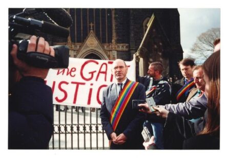 Michael Bernard Kelly talks to the media outside St. Pauls Cathedral, Melbourne, Vic. (photo: unidentified photographer)