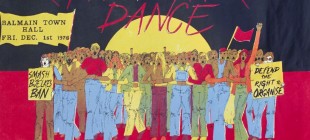 Poster for Right to March Dance poster 1978: group of people arm in arm, Aboriginal flag background