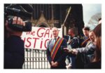 Michael Kelly talks to the media outside St. Pauls Cathedral, Melbourne, Vic. (photo: unidentified photographer)