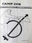 Cartoon of man cutting arrow off gender symbol on cover of first issue of Camp Ink